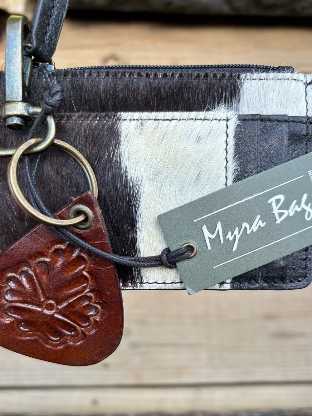 Black + White cowhide and leather keychain card holder